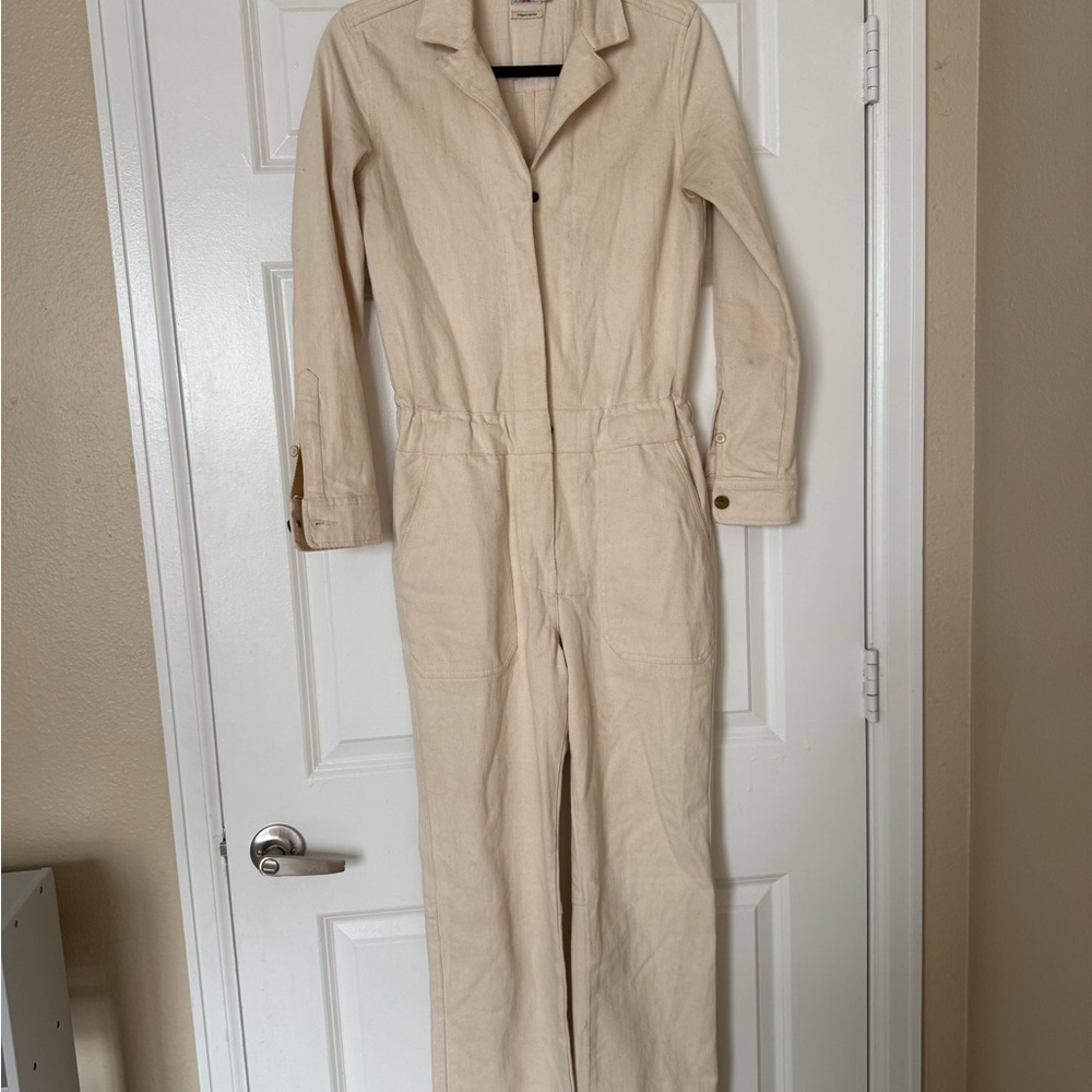 Faherty Denim Jumpsuit Overland Twill Utility Cotton in Off White Size XS - Picture 3 of 15